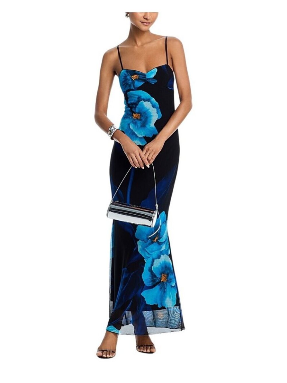 NWT Aqua Lined Spaghetti Strap Floral Mesh Maxi Dress DC9891BL Blue Floral M